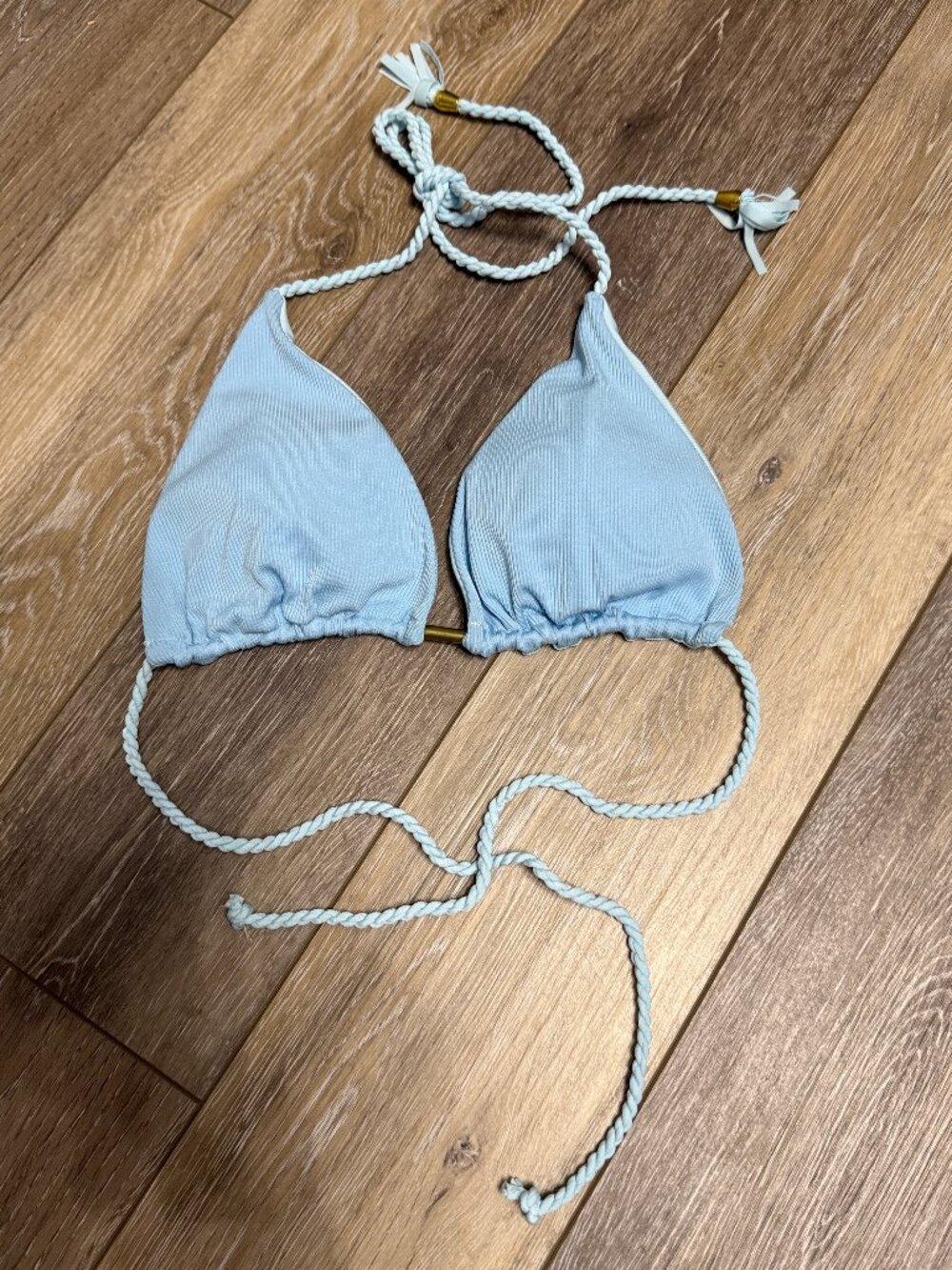 Light Blue Ribbed Triangle Bikini Top Rope Tassel Ties L